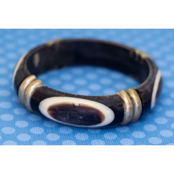 7 inch, Vintage Round Oval Abstract Pattern Black Bangle Bracelet - M34 - Picture 2 of 3